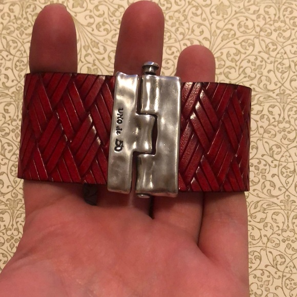 Quadrilateral Red Woven Leather Cuff Bracelet - Picture 2 of 5